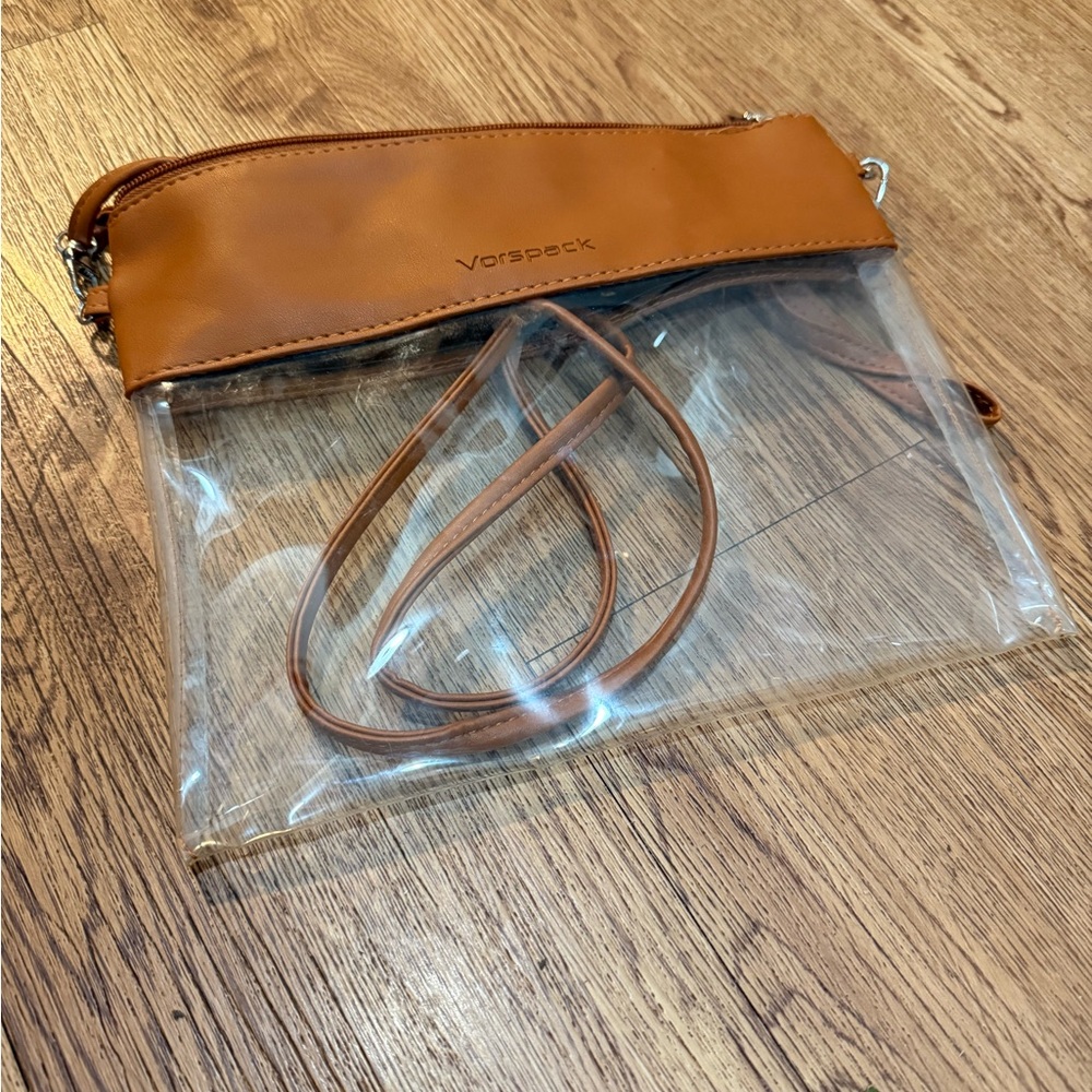 Clear Crossbody Bag with Brown Trim & Adjustable Strap
